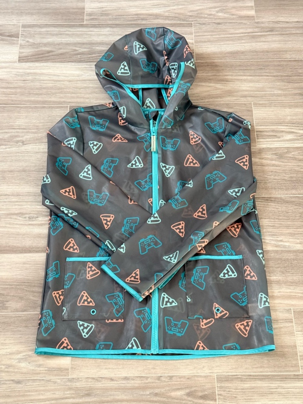 Cat & Jack Kids’ Hooded Rain Jacket with Teal & Coral Prints